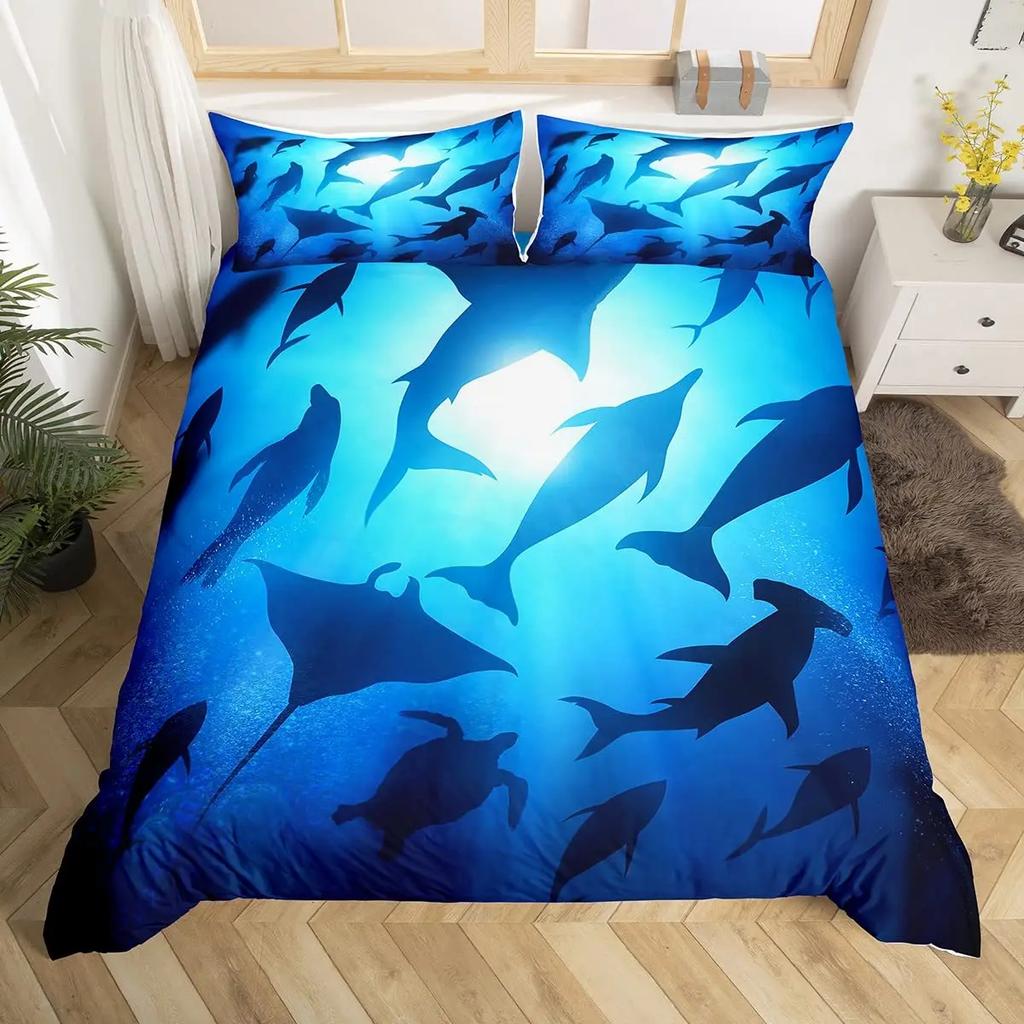 Shark Duvet Cover Set Types of Sharks Pattern Duvet Cover Set Bedclothes Pillowcase Double Queen King Size Polyester Bedding Set