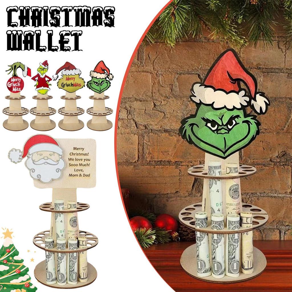 Christmas Unique Money Holder Double-Layer Cash Holders, Green  Desktop Money Holder, Wooden Holder For Placing Money