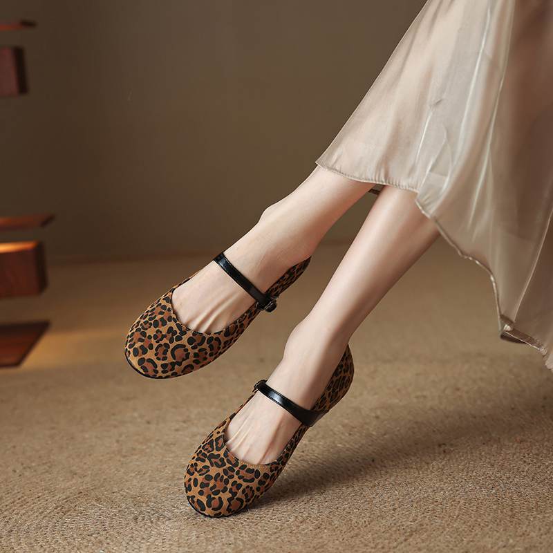 Krazing Pot Piele intoarsa Varf Rotund Marimea 42 Tocuri Joase Curele cu Catarama Imprimeuri Leopard Pompă de Toamnă Vintage cu Platformă