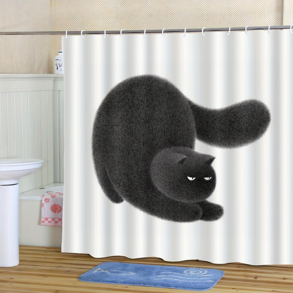 1pc Nordic Modern Minimalist Digital Art Cute Black Cat Shower Curtain - Polyester Bathroom Decor with Hooks, Machine Washable