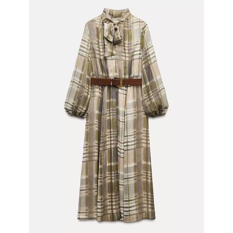Za2024 Autumn New Women's Clothing with Belt Tight Waist Slim Looking Printed Checks Midi Dress 9205231