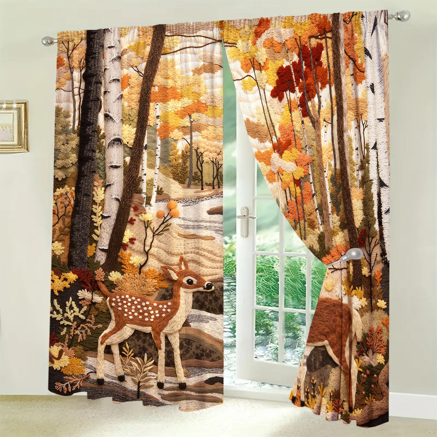 Autumn Forest Sika Deer Embroidered Curtains Suitable Family Friends Animal Themed Curtain Set Of 2 Made Polyester Washable W100*H70(CM)-Rod Pocket&1PCS