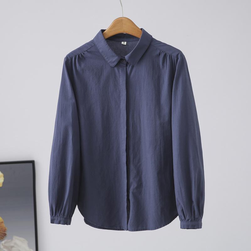 

Весенний маленький воротник юань однотонный стираный хлопковый кардиган с длинными рукавами рубашка блузки и рубашки XL темно-синий