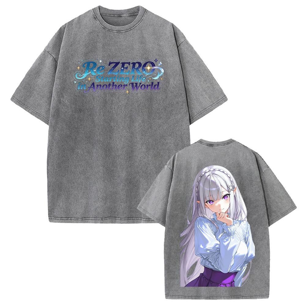 Hot Anime Re ZERO Emilia Kawaii Graphic Tee Men Women Short Sleeve Clothing Washed Cotton Tshirt Casual T-shirt Vintage T Shirt