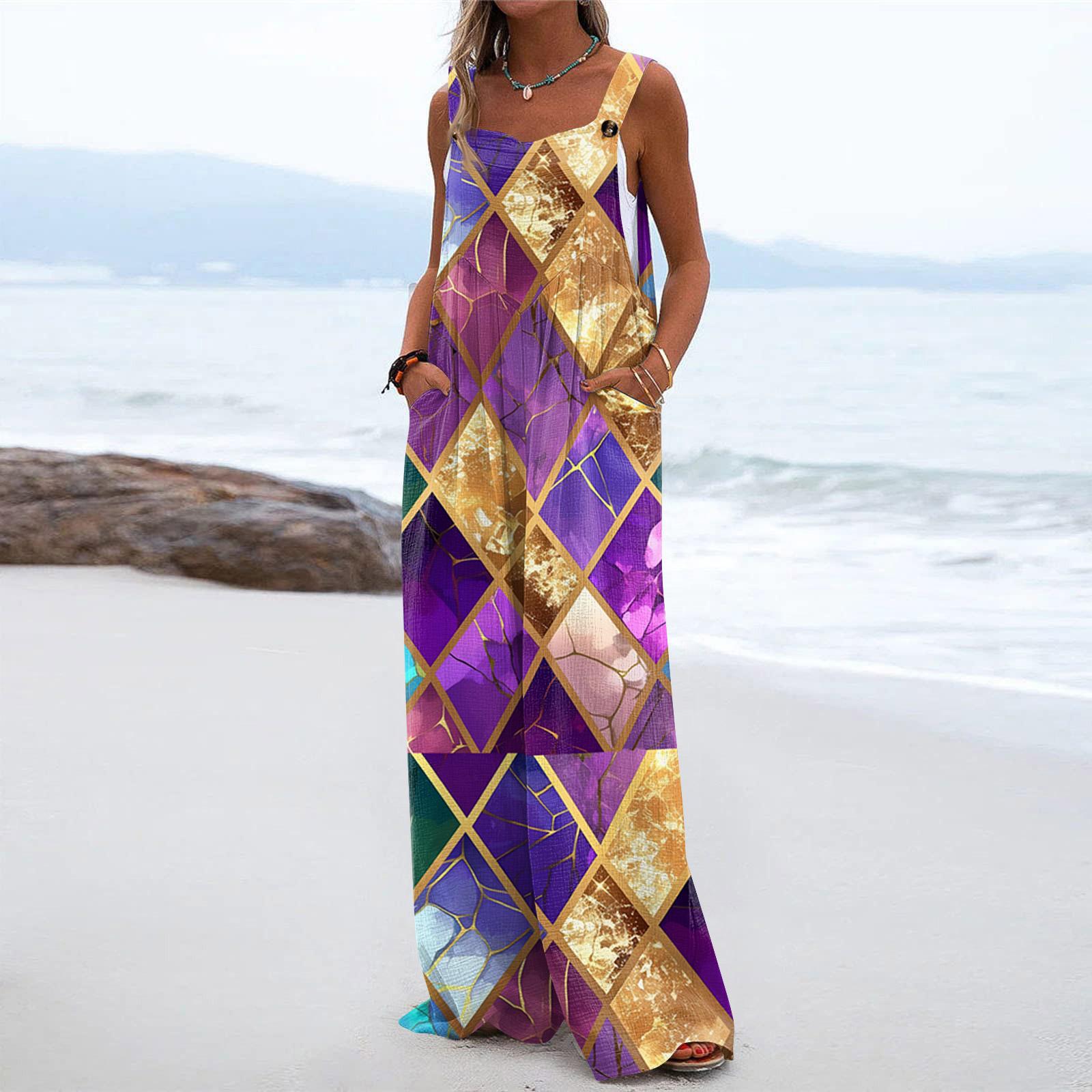 

Широкий комбинезон для женщин, повседневный свободный комбинезон без рукавов с принтом и пуговицами, длинные брюки, комбинезон с карманами S