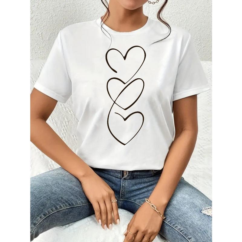Damen Kleines Herz Muster T-Shirt Rundhals Kurzarm Lässig Frühling Sommer Oberteil