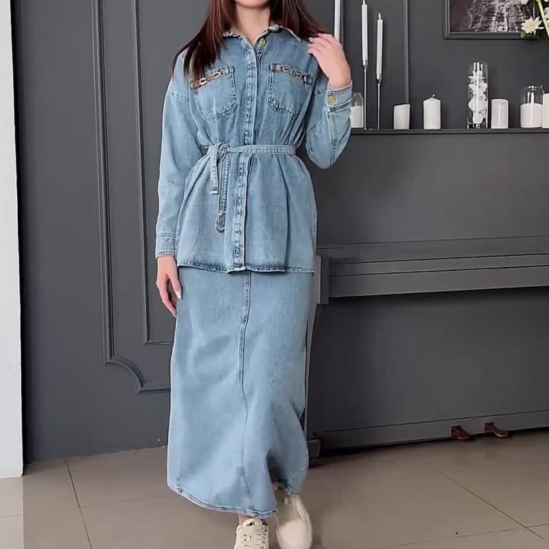 סט טופ וחצאית ג'ינס קז'ואל שרוול ארוך לנשים בגדי נשים טמפרמנט נסיעות לעבודה אופנת נשים סטים של חצאיות תלבושות
