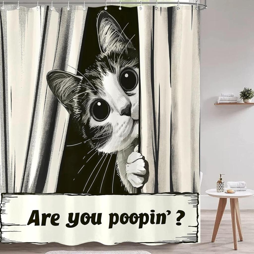 Funny Cat Shower Curtain, are You Poopin' Curious Kitty Whimsical Joke Humor Themed, Shower Curtain Set with 12 Hooks for