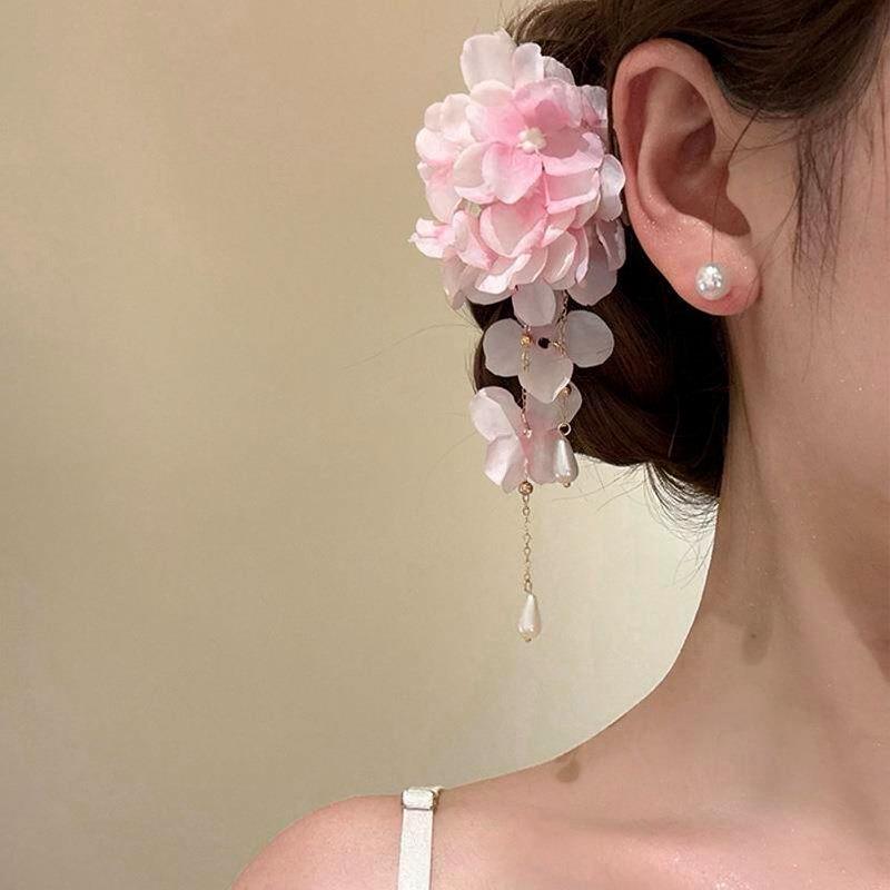 Fairy Chiffon Pearl Flower Tassel Hair Clip - Vacation Style Duckbill Bangs Accessory