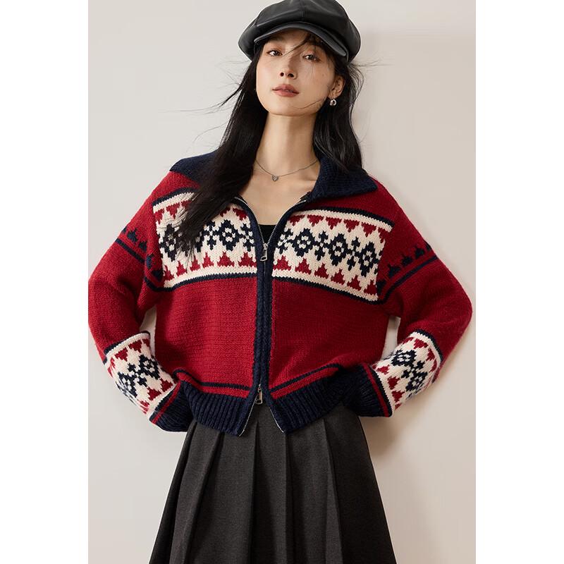 VICTORIA&VERA Vintage Fair Isle Wool-Blend Zipper Knit Sweater