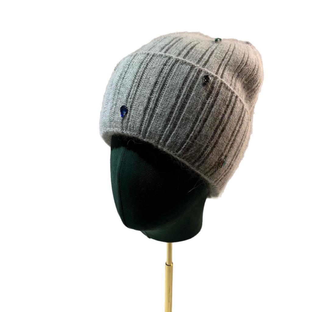 [Rabbit Fur] Water Drop Diamond Plush Knitted Hat, Winter Sweet Colored Diamond Plush Warm Soft Waxy Ear Protector Cold Hat