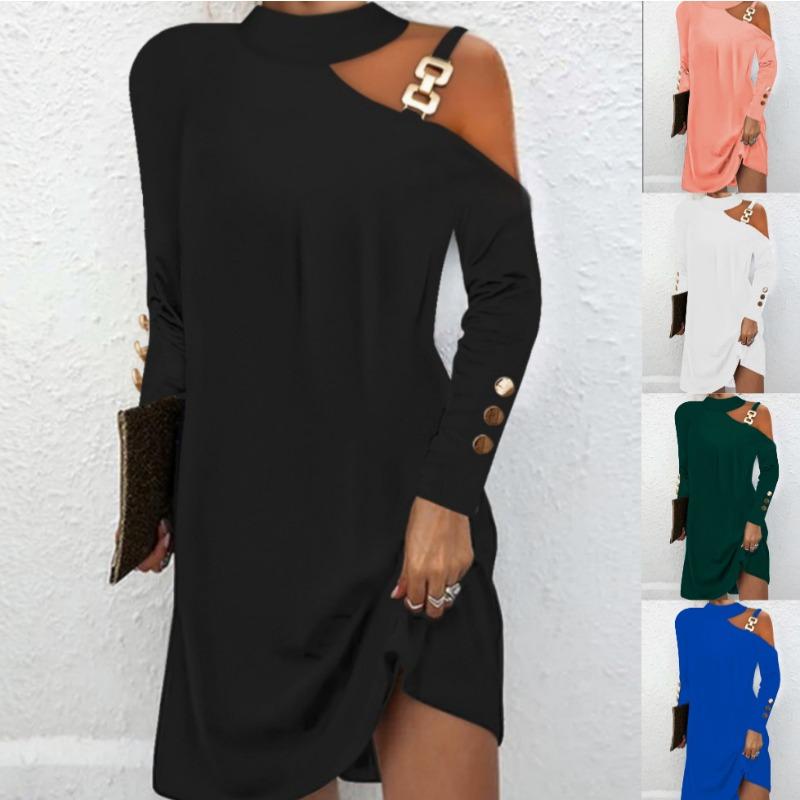 Wish autumn simple metal buckle neck button dress women's clothing