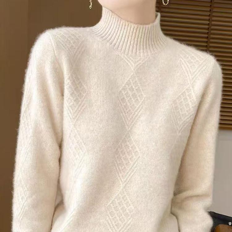 Half High Collar Jacquard Knitted Sweater Women's Autumn and Winter Solid Color Knitted Sweater Long Sleeved Loose Thick Pullover