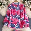 Two Work Office Spring Print Piece Set For Womens Long Sleeve Shirt Top And Slim Bodycon Pencil Midi Skirt Business Outfits