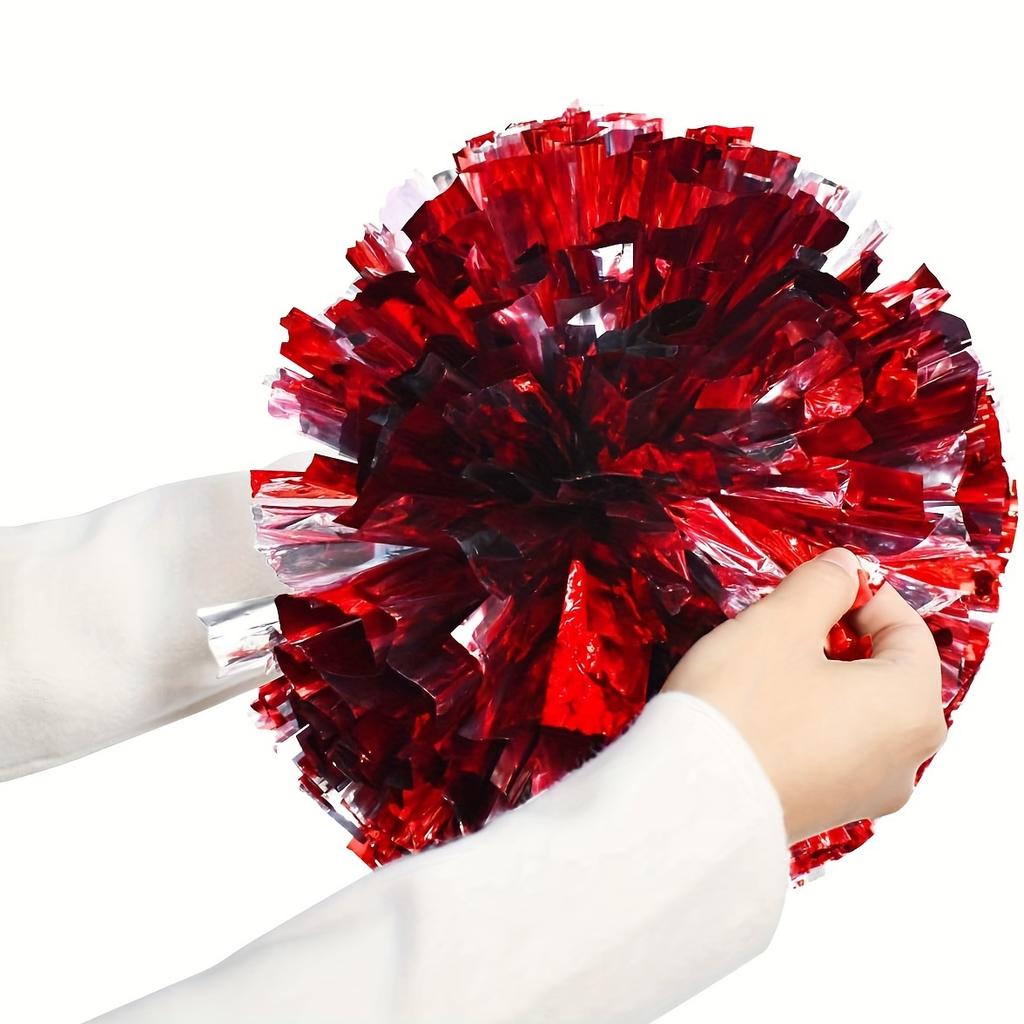 4 PCS (2 Pairs) Metallic Foil & Plastic Cheerleader Pom Poms - with Baton Handles for Sports Party, Dance Team & Cheerleading Spirit (Red/Silver)