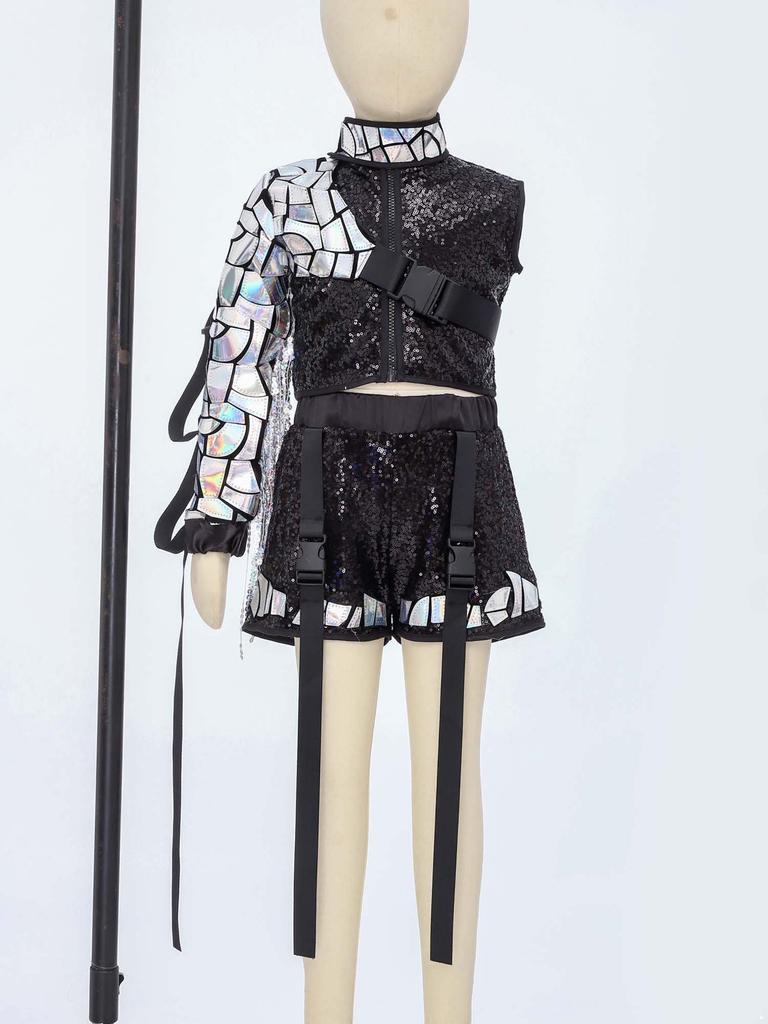 Completo Hip Hop Danza Bambini Top Corto Senza Maniche Zip Up Laccato Paillettes Shorts Set Maniche con Nappe Staccabili