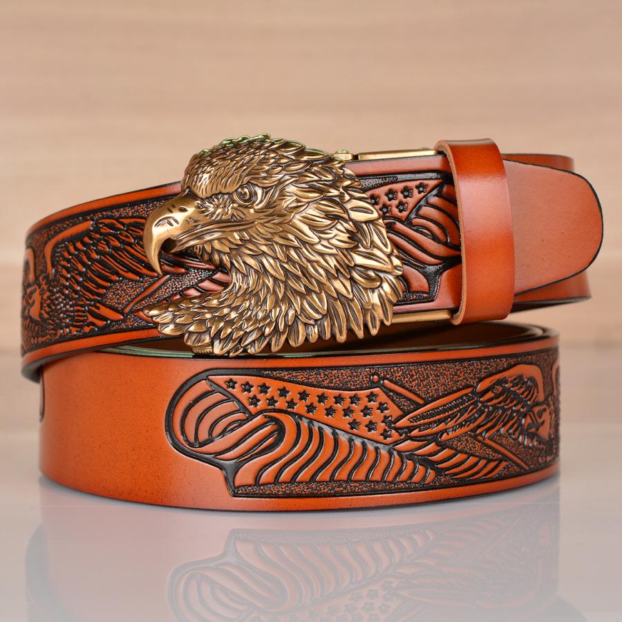 Eagle Embossed Cowhide Leather Belt with Automatic Buckle