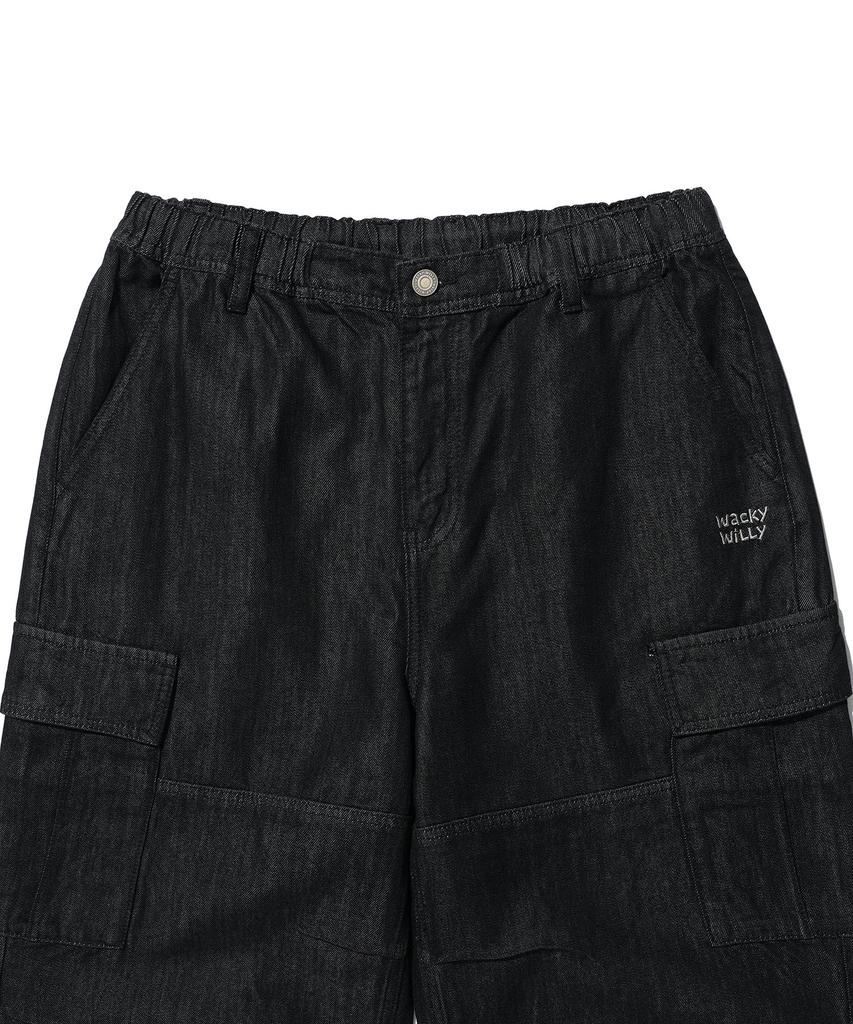 WACKY WILLY Wide Elastic Cargo Denim Pants Black