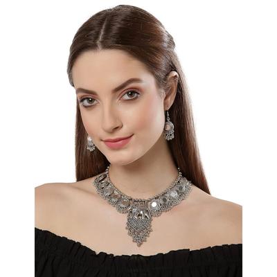 Shining Diva Fashion Neuestes stilvolles traditionelles Halsketten-Schmuckset aus oxidiertem Silber für Damen