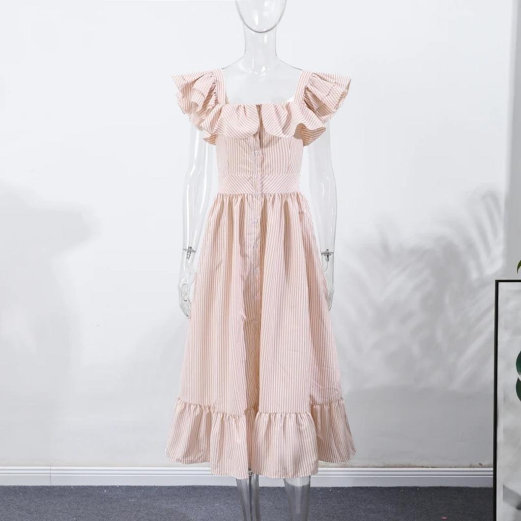 LYRIA Elegant Blue Striped Ruffled Button Long Dress Women Slim Square Neck Sleeveless Party Female Dresses Lady Robe