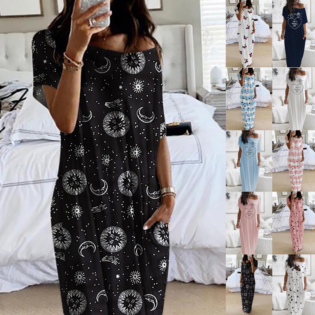 

Women s Daily Short Sleeve Moon Print Casual Inclined Shoulder Maxi Dress