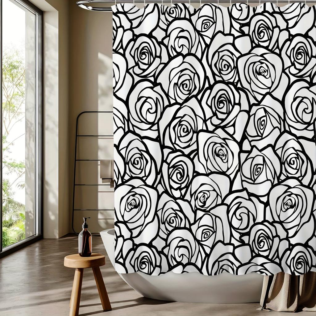 Black and White Rose Pattern Digital Print Shower Curtain - Machine Washable,Reversible Polyester,All-Season Bathroom/Home Decor
