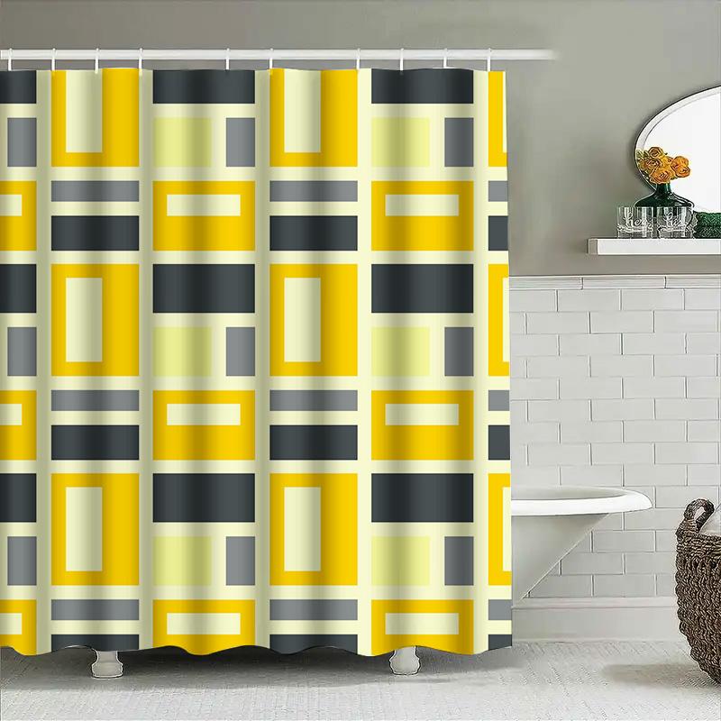 Modern Geometric Shower Curtain Design Rectangular Shapes Pattern Bath Decor With Hook Set In Yellow Grey #5731468290569