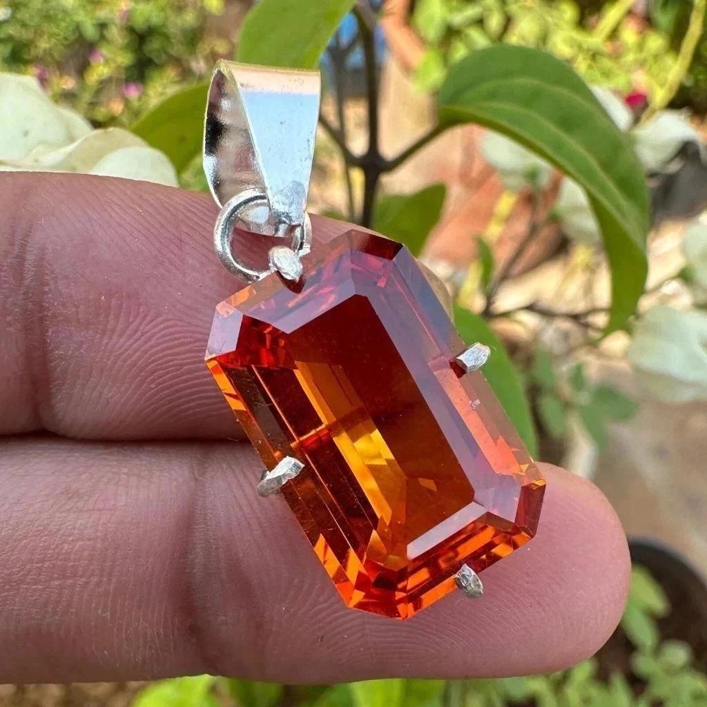 Natural 16 Ct Certified Emerald Orange Sapphire Gemstone Solid Silver Pendant