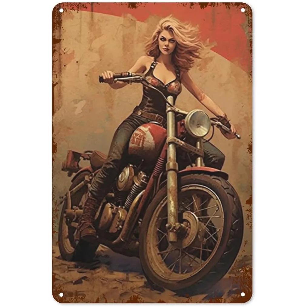 Metal Tin Signs Pinup Motorcycle Girl Wall Decoration Plaque Vintage Poster Iron Painting for Man Cave Home Cafe Garden Club Bar