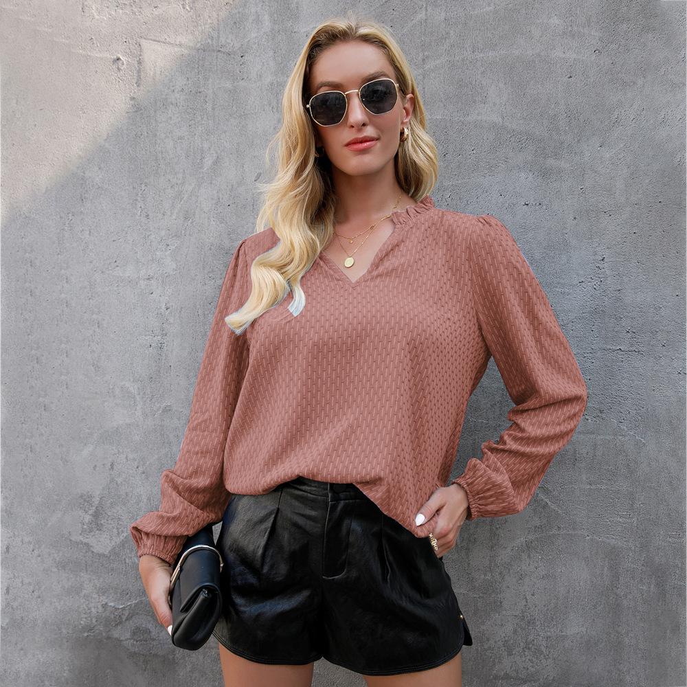 Sexy V-Ausschnitt Elastische Puffärmel Rüschenhals Schlanke Bluse