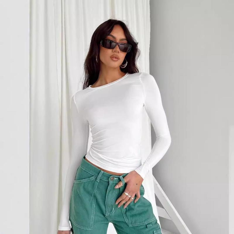Women's Versatile Irregular Slim-fit Bottoming Top T-shirt Round Neck Solid Color Slim-fit Long Sleeves