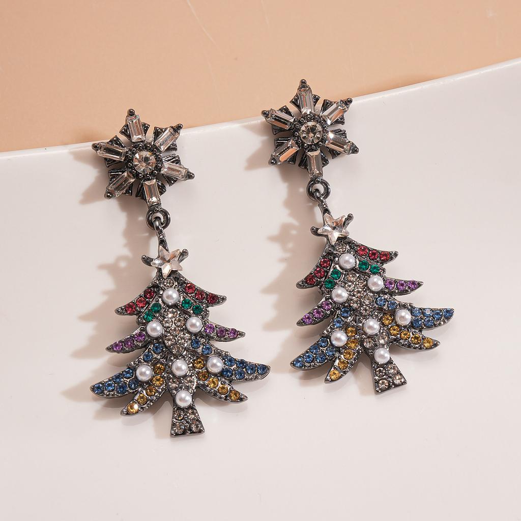 Christmas Diamond Imitation Pearl Snowflake Christmas Tree Silver Needle Earrings Premium Earrings