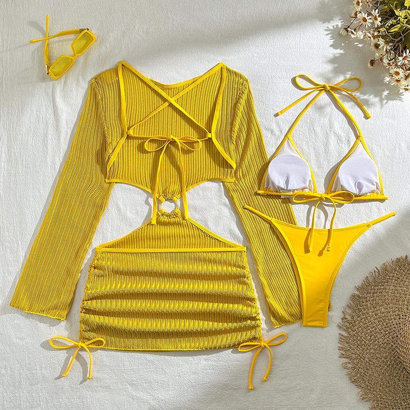 Women Bathing Suit Cover Ups Three Piece Bikini Set Knitting Cover Up Tie-Up Hollow Out Swimsuit Coverup Swimwear