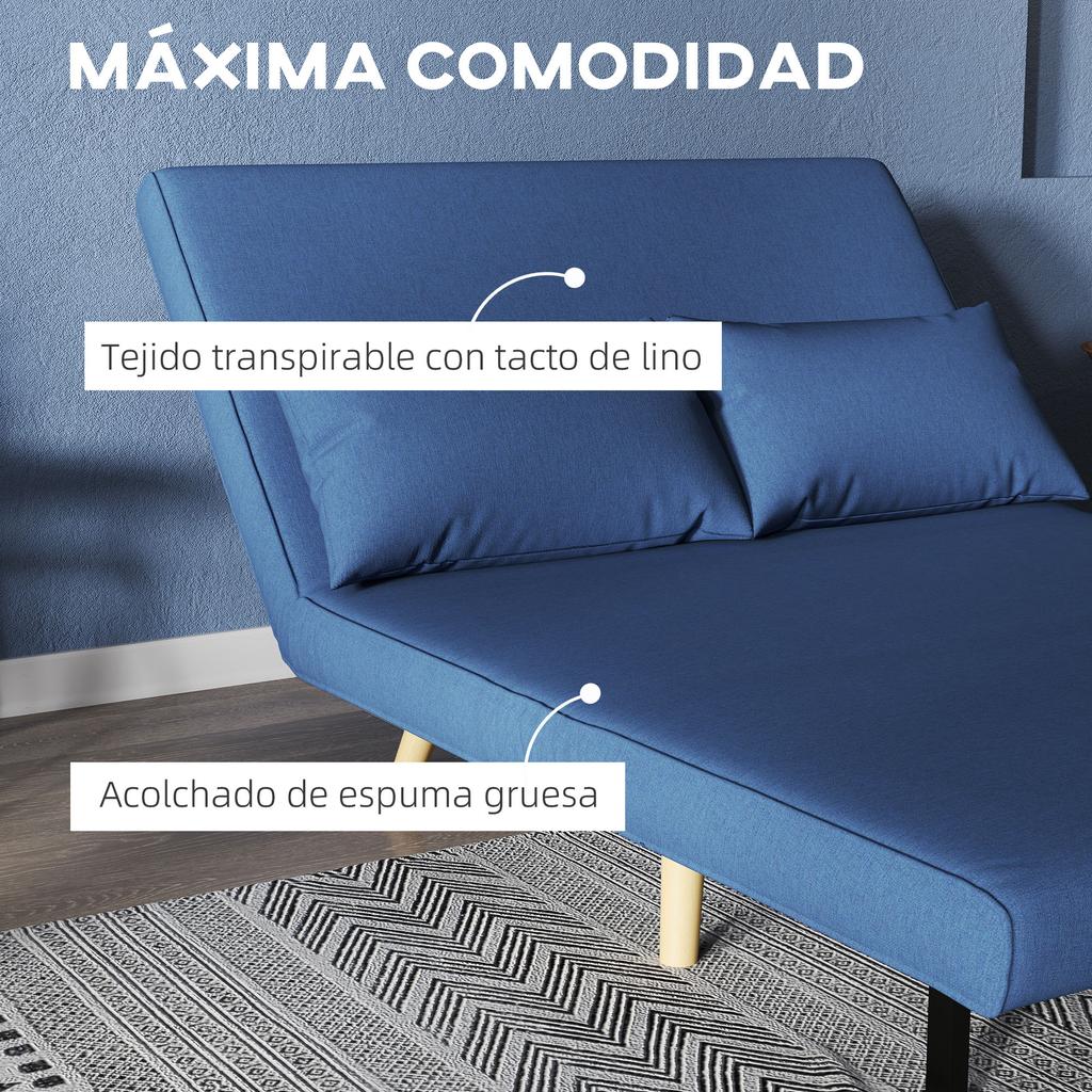 2-Seater Sofa Bed Linen-Type Upholstered with Backrest Adjustable In 5 Positions and 2 Pillows 120x75x85 Cm Dark Blue