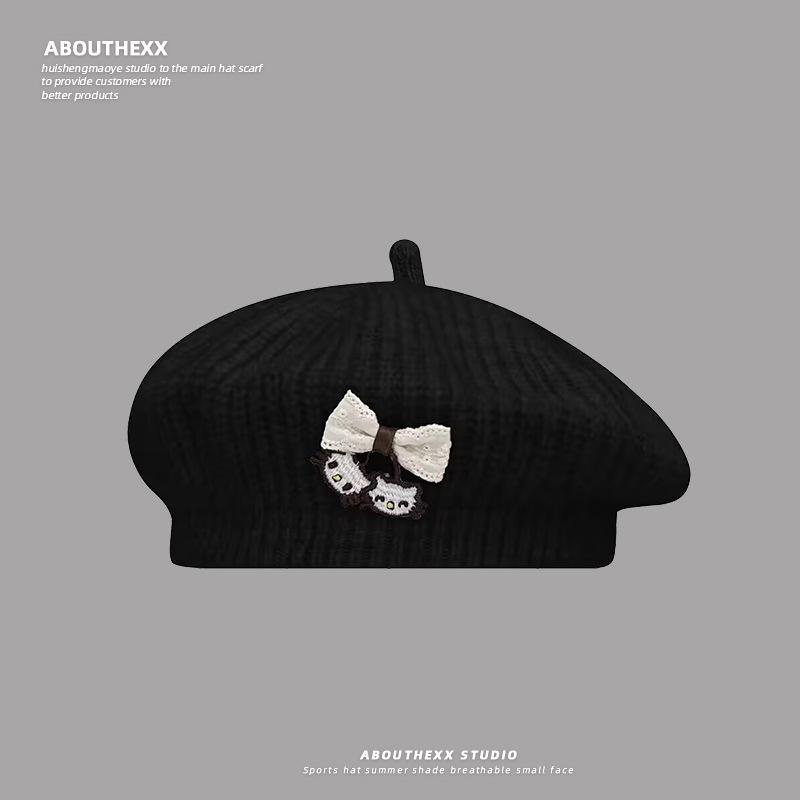Japanese Cute Cat Knitted Beret Female Artistic Retro All Match Show Face Little Cloud Painter Hat Octagonal Hat