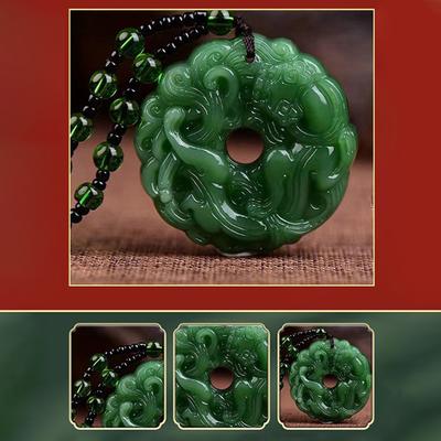 Collar Colgante de Jade Hueco Dragón Tallado a Mano de Jade Verde Moda Amuleto Chino Collar de la Suerte para Mujer Hombre Joyería Regalo