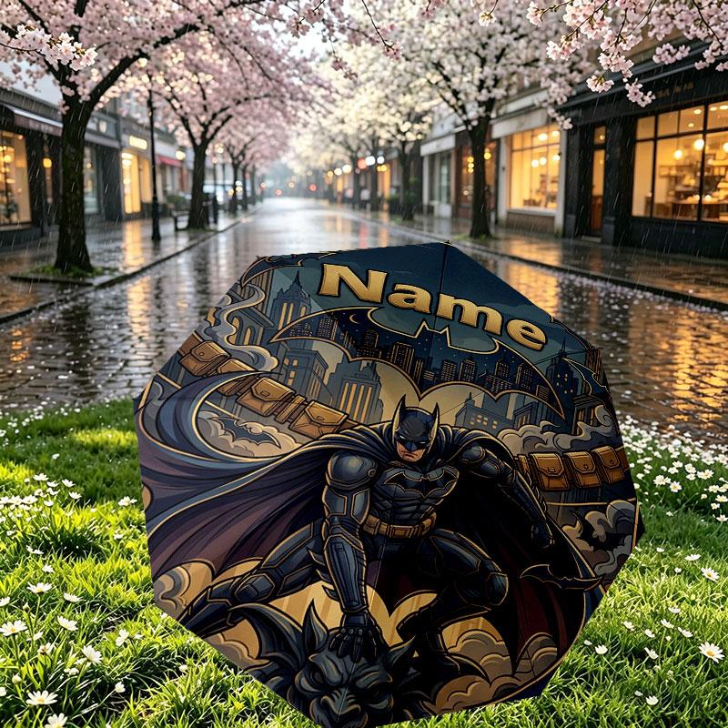 Custom Name Personalized Batman Print Umbrella, Auto Open Close, 8‑Rib Sturdy Frame, Commute Camping Hiking Use, Birthday Gift