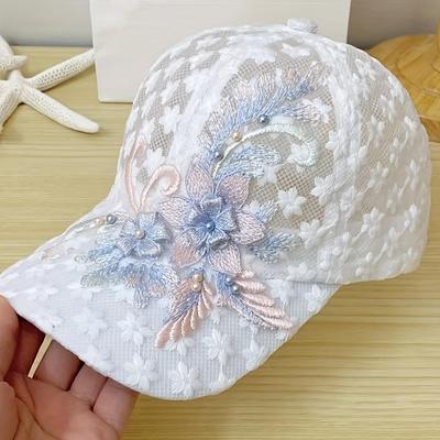 Bloem Borduurwerk Mesh Trucker Hoed Kunstparel Decor Elegante Kant Baseball Cap Ademend Verstelbare Sport Hoeden Voor Vrouwen