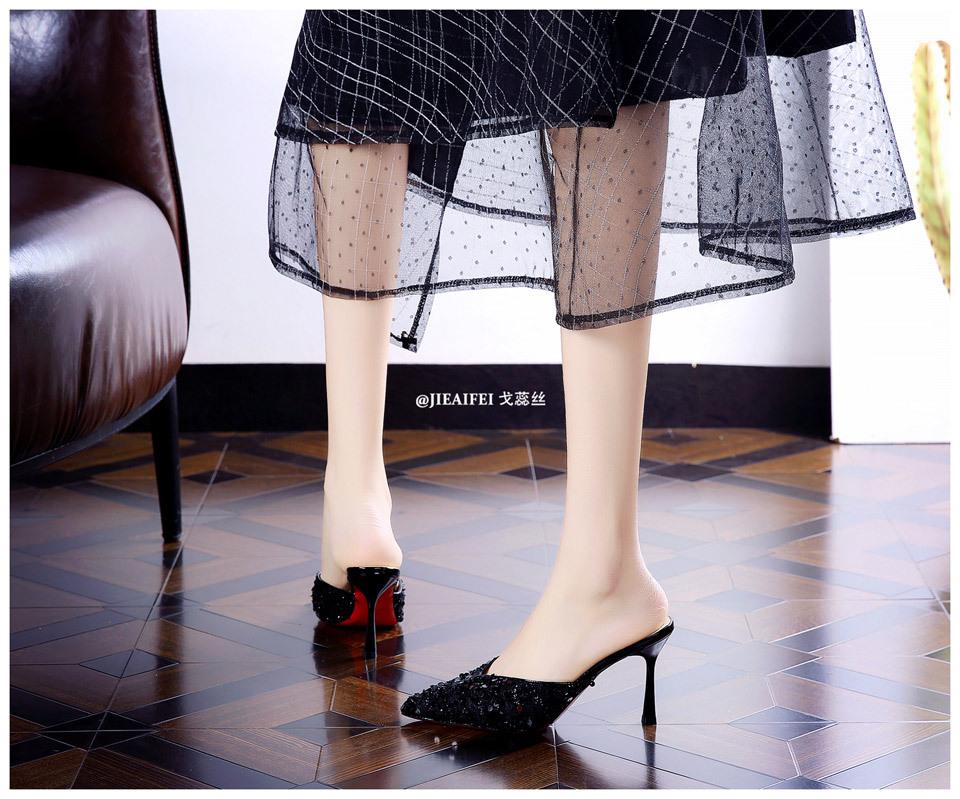 

Туфли-мешки на высоком каблуке женские летние 2025 года, импортные новые, с блестками, тонкие полутапочки с острым носком, холодные тапочки, верхняя одежда 34 чёрный