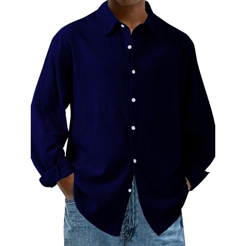 

Casual and Fashionable Single-breasted Cotton and Linen Cardigan New Men s Long-sleeved Buttoned Linen All-match Shirt XXXL темно-синього кольору