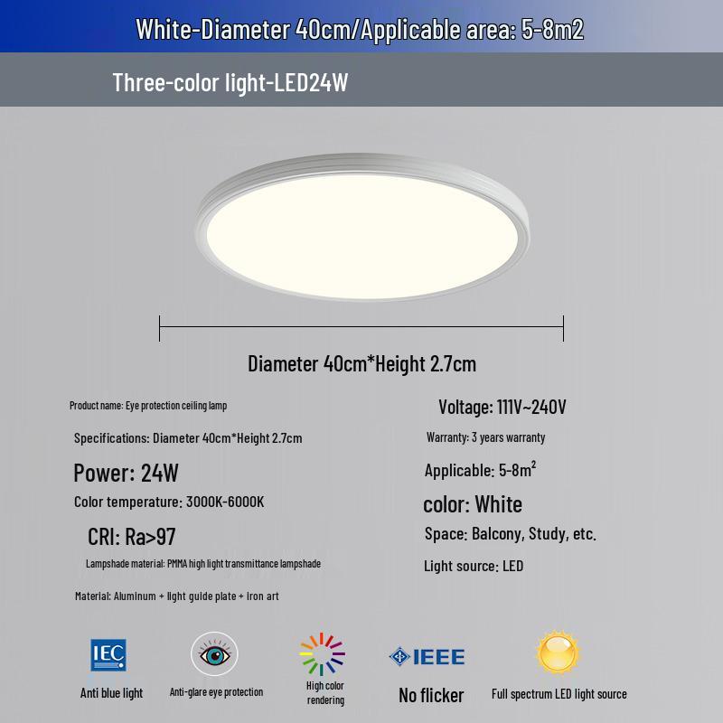 Ultra-Thin Minimalist Ceiling Light with Full Spectrum Eye Protection for Living Room or Bedroom