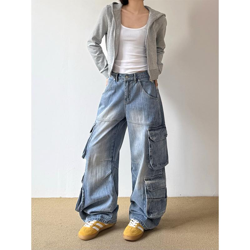 

Unisex American Retro Loose Denim Wide-Leg Work Pants S светло-синий