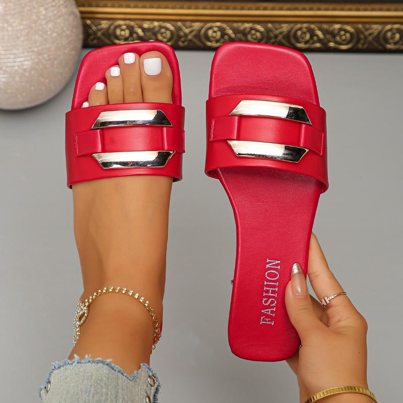 Fashion Fashion Versatile Woman Shoes 2025summer New Square Toe Flat Shoe Comfort Womens Metal Buckle Slippers Simple Women Flat Sandals