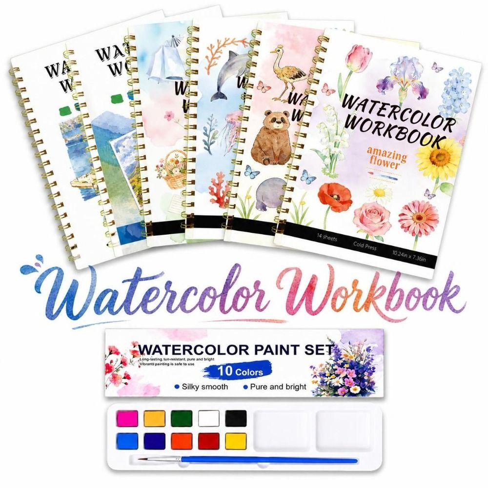 Spiral-Bound Watercolor Workbook Flower Scenery Animal Coloring Sketchbook Painting