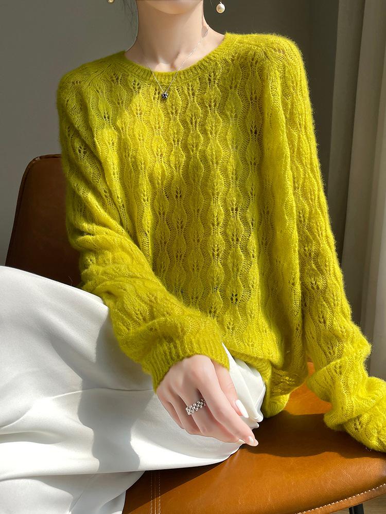 Crochet Hollow Knit Cashmere Sweater - Women's Autumn/Winter Round Neck Loose Fit
