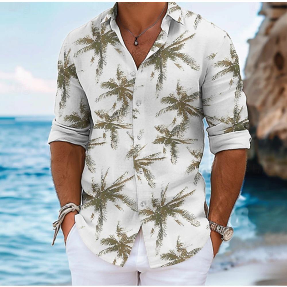 Men's Palm Tree Printed Long Sleeve Shirts Casual Cardigan New Button Holiday Fashion Shirts