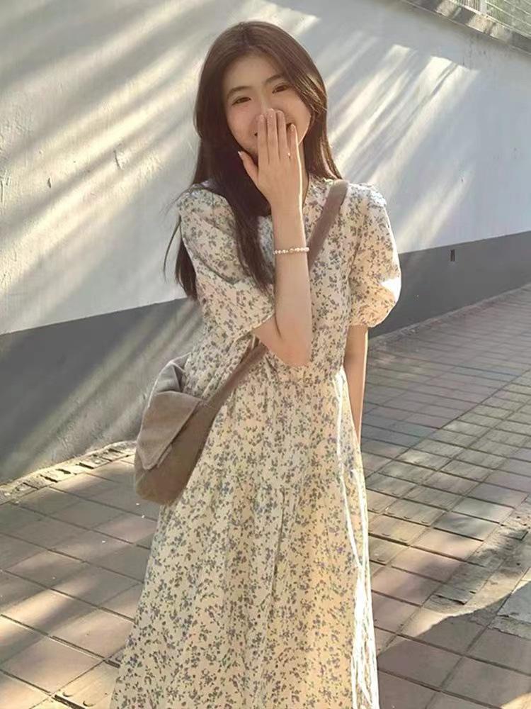 New summer women's clothing coffee break Platycodon French floral dress women's spring chic long skirt
