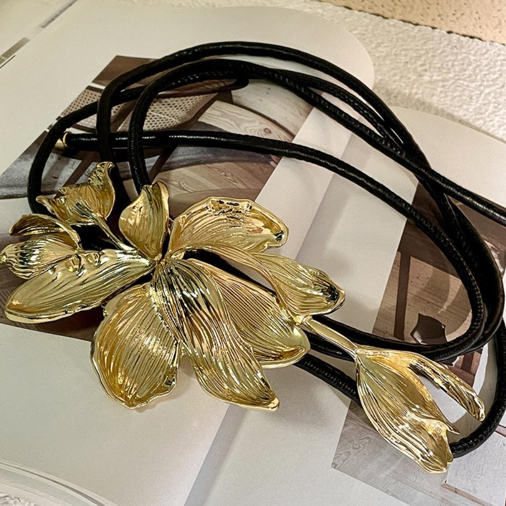 Vintage Tulip Waist Chain Large PU Leather Rope Belt Fashion Zinc Zinc Alloy Flower Belt  Pants
