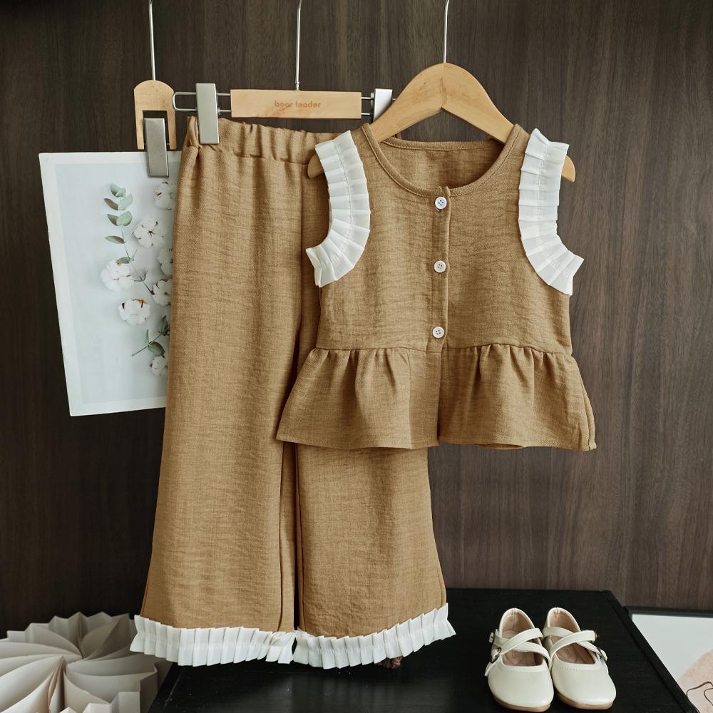 

Korean Version Kids Clothes Girls Blue Imitation Denim Suit Summer Sleeveless Wide Leg Pants Two Piece Set 170cm