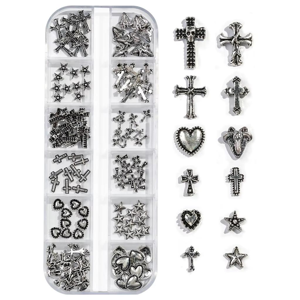 30pcs 6Grids Mixed Shaped Punk Arrow Nail Rivets Zinc Alloy Jewelry Y2k Nails Supplies DIY Nail Art Decoration Cool Style